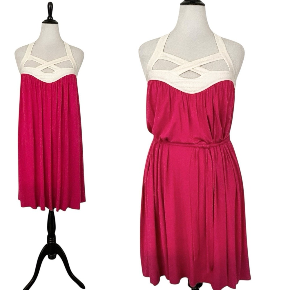 TUFI DUEK Hot Pink Knit SHIFT DRESS sz Medium Summer Sun Tunic Party 90s Stretch